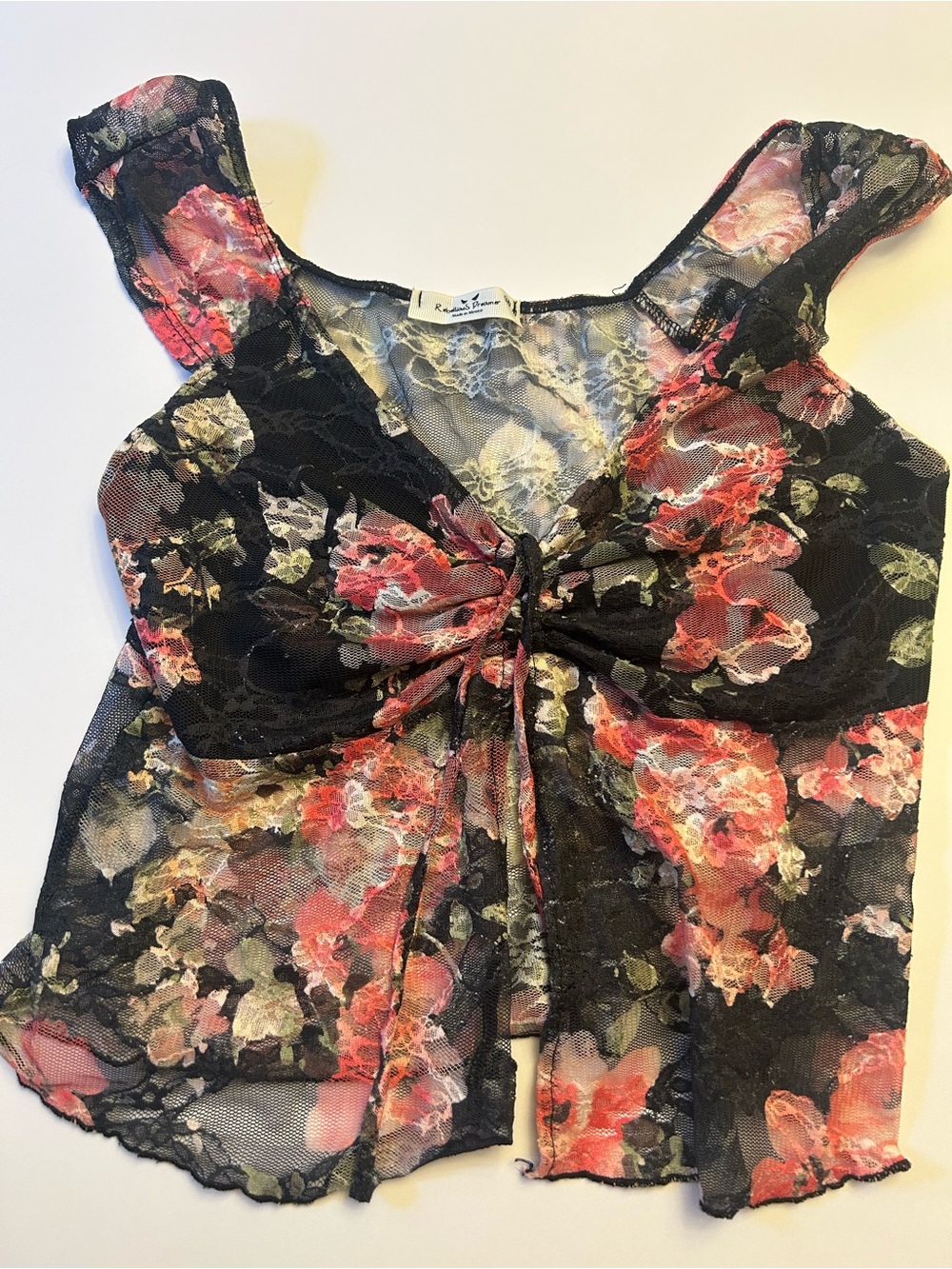 Vintage Y2K Rebellious Dreamer Sheer Floral Lace Tie Front Tank Top - Medium